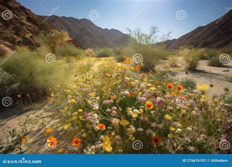 Wildflowers Blooming In Oasis Among Desert Hills Stock Image Image Of
