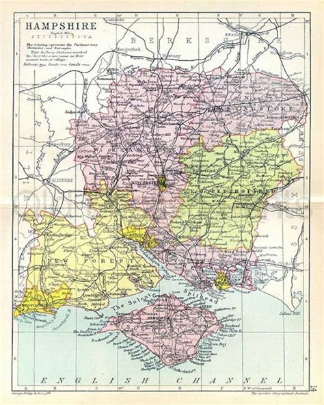 Hampshire 1895 Antique English County Map Of Hampshire Etsy Uk
