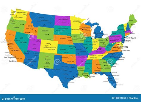 colorido mapa político de estados unidos de américa con capas claramente separadas ilustración