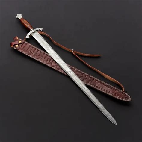 0107 Custom Handmade 30 Damascus Steel Vikings Sword With Leather