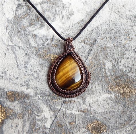 Tigers Eye Pendant Tiger Eye Necklace Copper Wire Wrapped Etsy In