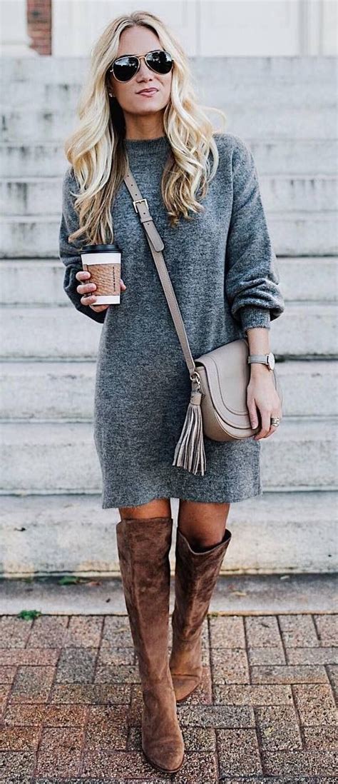 Womens Style Cute Winter Outfitgrey Sweater Dress Bag Brown Over Knee