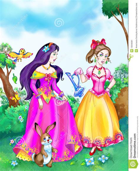 Two Beautiful Fairy Tale Princesses Sisters Stock Illustration