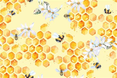 Seamless Pattern Of Bees And Honeycomb And Flowers With Watercolor