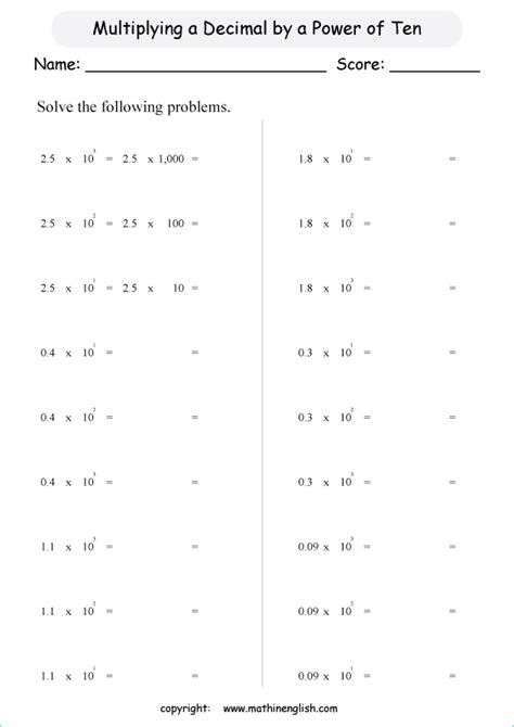 Multiply Decimal Numbers By Powers Of Ten Great Exponent And