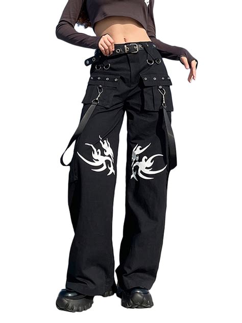 Acehomeyfit Women Gothic Punk Cargo Pants High Waist Flare Pants Wide Leg Baggy Jeans Harajuku