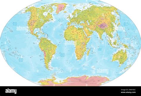 Detailed Physical World Map Winkel Tripel Projection Stock Vector Image