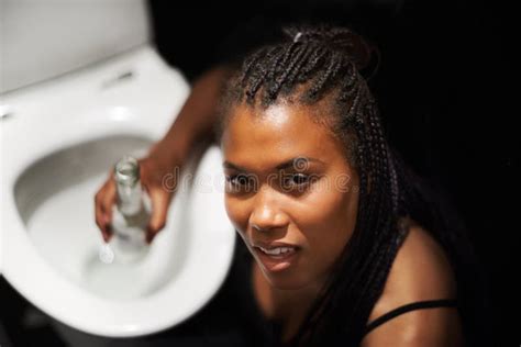 Drunk Party And Bathroom Nausea Of A Black Woman With A Alcoholic Problem And Addiction Toilet
