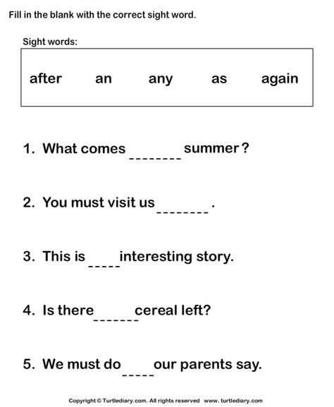 This reinforcement packet includes fall math and literacy worksheets for first grade students. Fill in the blanks using sight words - TurtleDiary.com