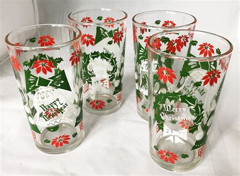 4 Vintage Christmas Drinking Glasses Tumblers Hazel Atlas Ccc 1960 S Retro With Trees Bells