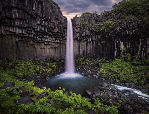 Waterfall Iceland Columns Shrubs Nature Landscape Wallpapers Hd