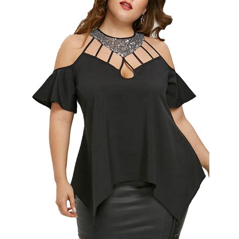 2018 Sexy Black Blouse Round Neck Plus Size Cutout Bell Sleeve Sequined