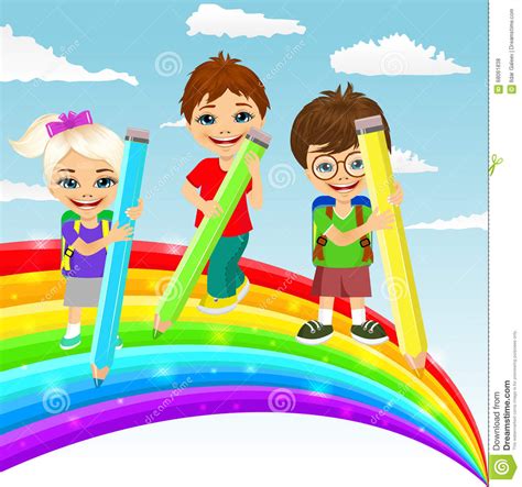 Three Little Children Drawing Together A Beautiful Colorful Rainbow
