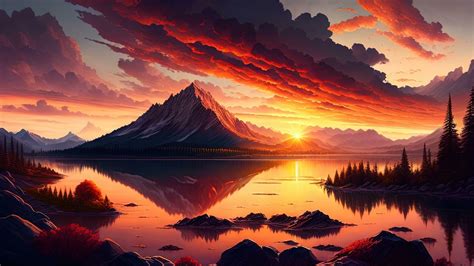 Fantasy Landscape With Mountains And Lake At Sunset Ai Generated