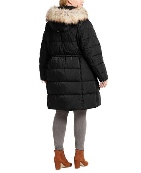 Dkny Plus Size Faux Fur Trim Hooded Anorak Puffer Coat In Black Lyst