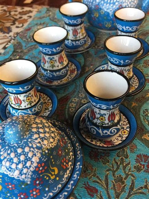Turkish Ceramic Tea Cup Set For Six With Sugar Bowl Grandbazaar