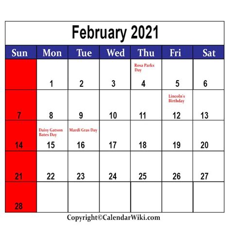 February 2021 Calendar With Holidays February Holidays 2021