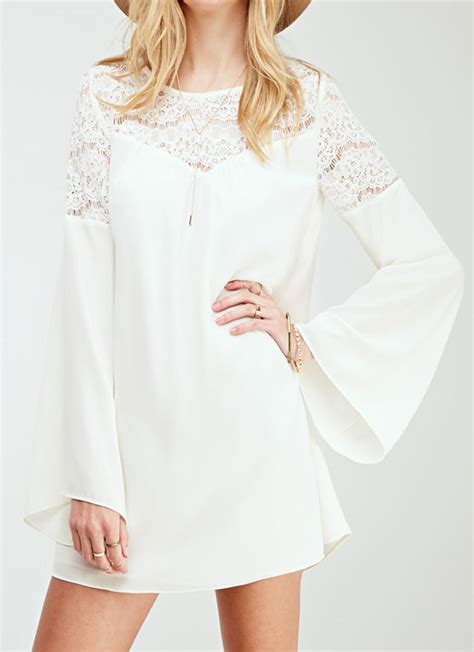 White Bell Sleeve Hollow Lace Loose Dress Women Lace