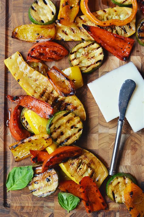 Grill peppers and blanched vegetables until heated through and marked by grill, about 5 minutes for peppers, 8 to 10 minutes for blanched vegetables. Marinated Grilled Vegetables Cheese Board | LeRoux Kitchen