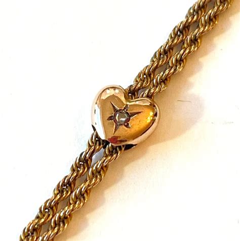 Vintage Diamond Slide Chain Necklace Victorian Puffy Heart Gold Filled Pocket Watch Chain
