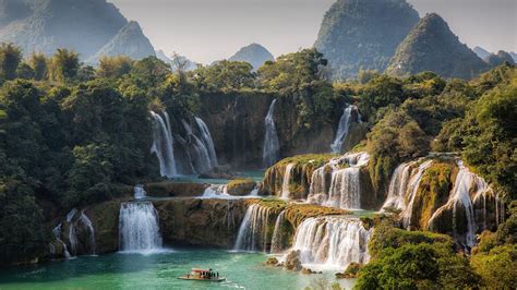 Landscape Quây Sơn River Water Detian Falls China Boat Forest