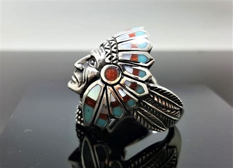 American Indian Ring Sterling Silver Tribal Chief Warrior Natural