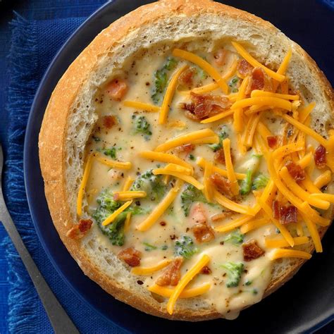 Cheesy Broccoli Soup In A Bread Bowl Recipe How To Make It Taste Of Home
