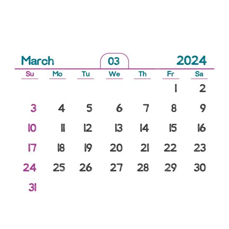 Calendario Mensual Marzo 2024 Con Transparente Vector Png Marzo 2024