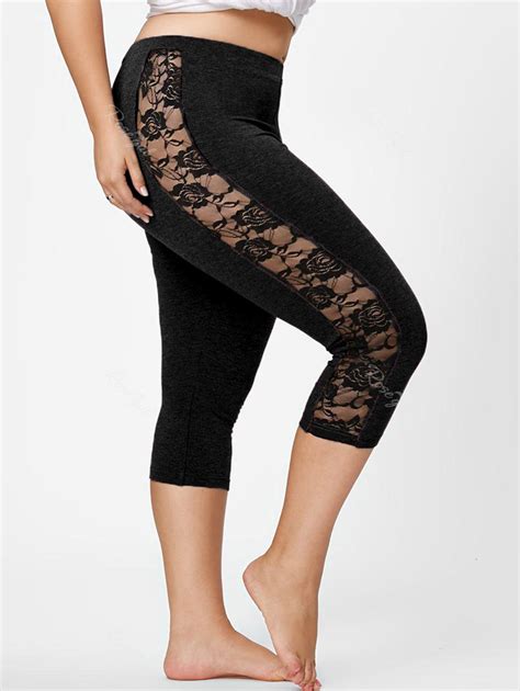 OFF Mesh Panel Lace Plus Size Cropped Leggings Rosegal