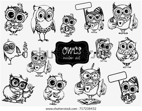 Hand Drawn Sleepy Owls Cup Coffee Stock Vector Royalty Free 717238432