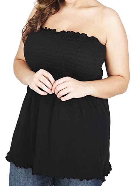 Curve Yours Black Cotton Strapless Smocked Bandeau Top Plus Size