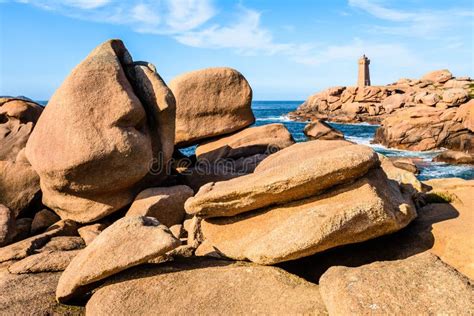 The Ploumanac`h Lighthouse On The Pink Granite Coast In Northern