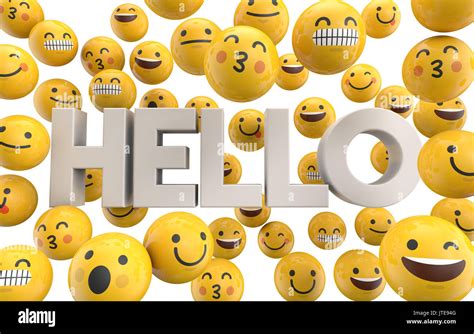 Set Of Emoji Emoticon Character Faces With The Word Hello 3d Stock