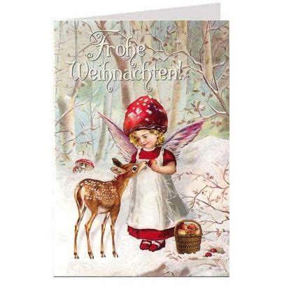 This isn't a craft blog, but i am aware that lots of people love to use old. Mushroom Angel with Deer Glittered Christmas Card ~ Germany | Vintage christmas cards, Vintage ...