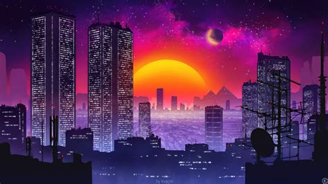 City Retrowave Sunset 4k