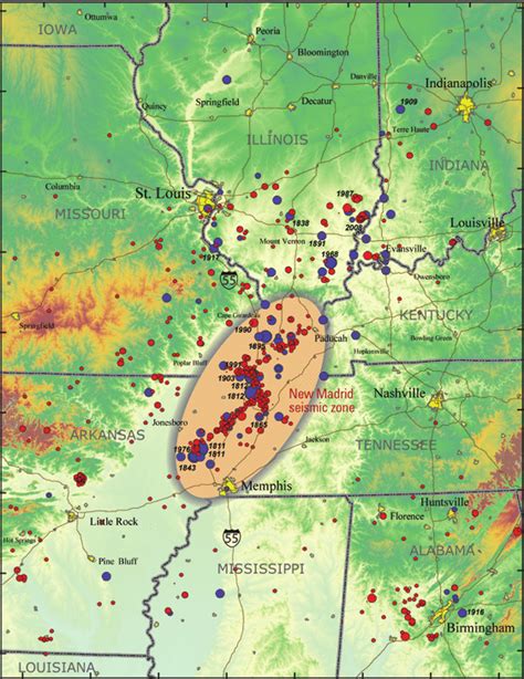 Topographic Map Of The New Madrid Seismic Zone Showing Earthquakes