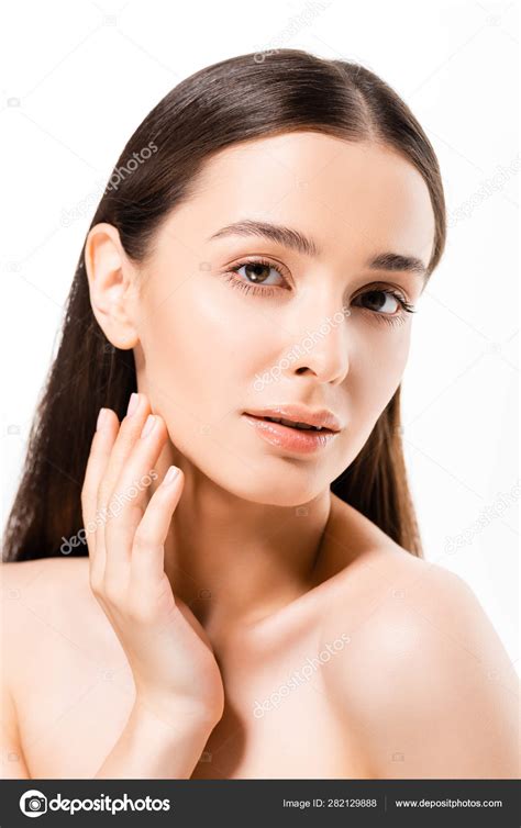 Beautiful Naked Woman Perfect Skin Touching Face Isolated White — Stock