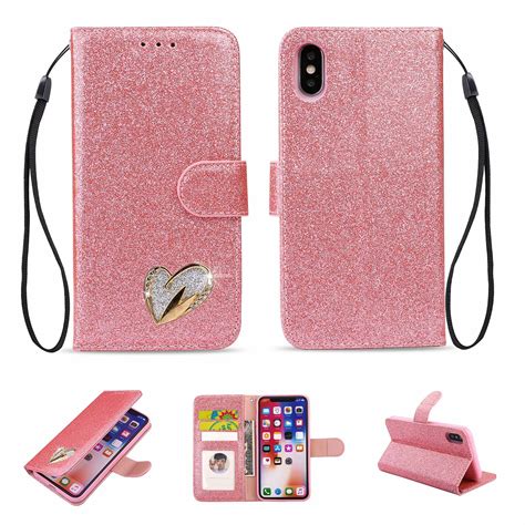 For Apple Iphone X Wallet Leather Glitter Bling Diamond Shockproof