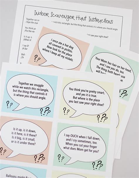 For example, using printed cards signifies that you'll be able to consider benefit of what printers are capable of. Indoor Scavenger Hunt for Kids with Free Printable Clues ...