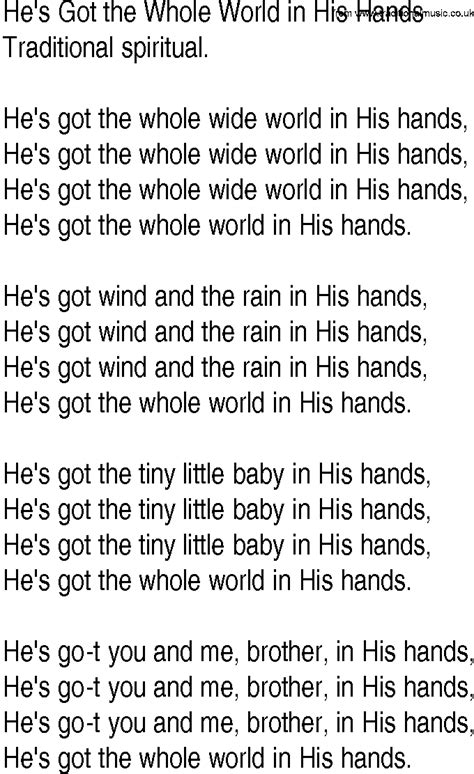 Hymn And Gospel Song Lyrics For Hes Got The Whole World In His Hands