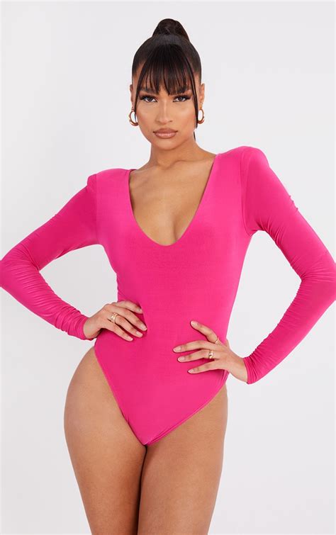 Hot Pink Plunge Shoulder Pad Long Sleeve Bodysuit Prettylittlething