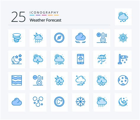Weather 25 Blue Color Icon Pack Including Sunny Temperature Direction