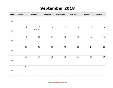 Blank Holidays Calendar September 2018 Landscape
