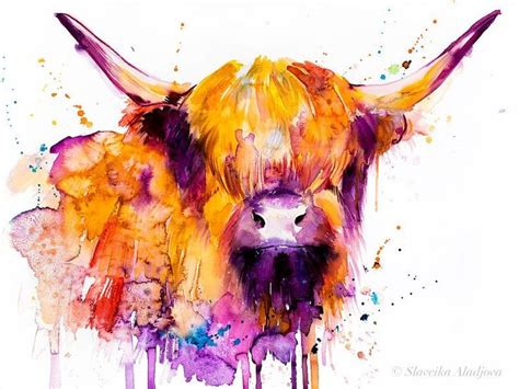 Highland Cow Watercolor Painting Print By Slaveika Aladjova Etsy