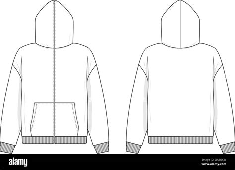 Full Zip Hoodie Sweatshirt Flat Technical Drawing Illustration Mock Up