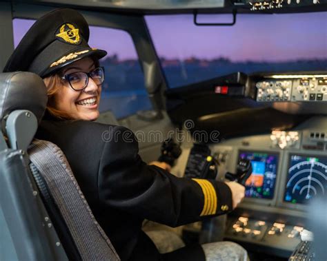 female pilot on board the aircraft caucasian woman in flight simulator stock image image of