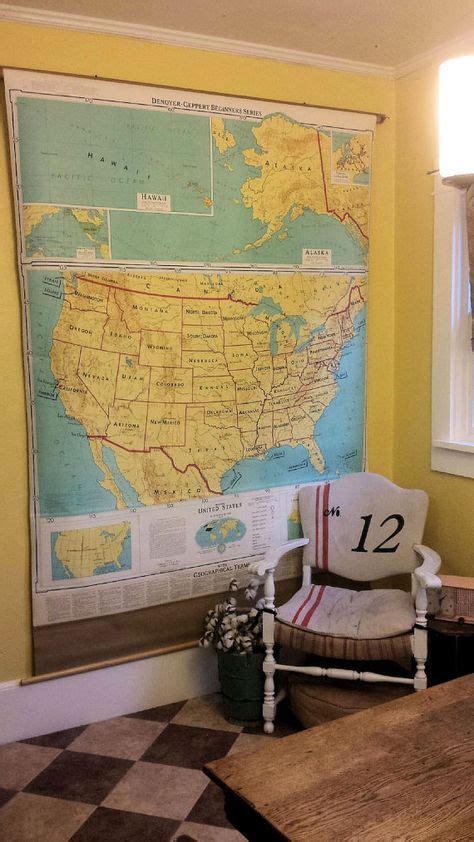 Vintage Large Pull Down School Map Usa World Industrial Home Decor Home
