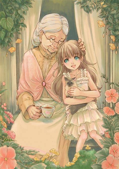 With Grandmother. | Grandmother drawing, Anime grandmother, Mom art