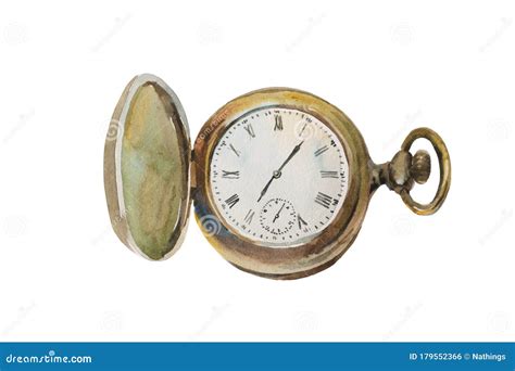 Watercolor Of Opened Old Vintage Pocket Clock Isolated On White