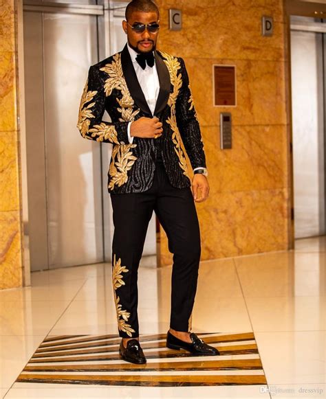 Black Men Suits With Embroidery Beaded Two Pieces Shawl
